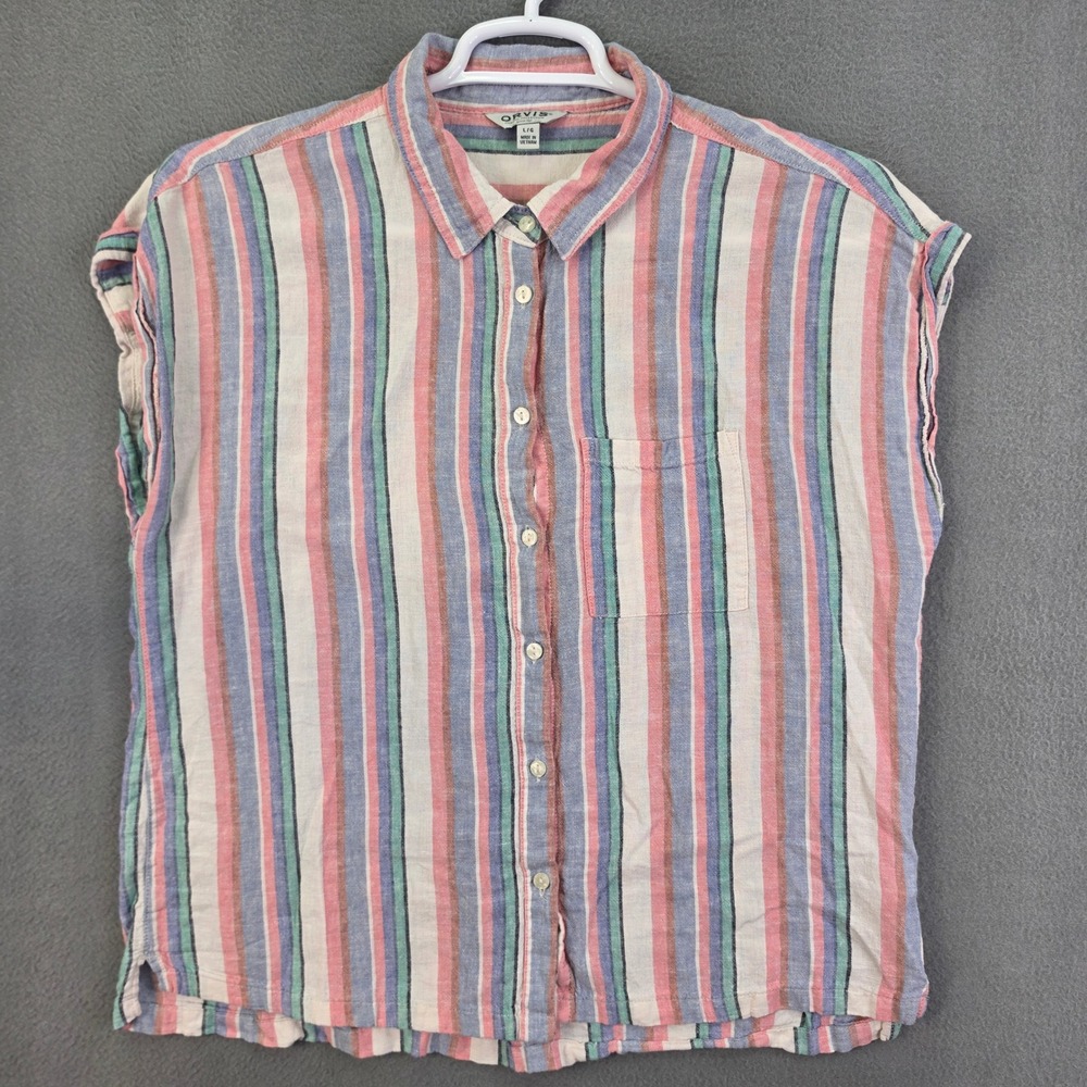 Orvis Linen Shirt Short Sleeve Button Up Vertical Stripe Multicolor Large
